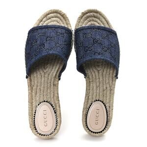 Gucci Pilar Blue Denim Crystals GG Monogram Espadrilles Slides Sandals Size 39.5